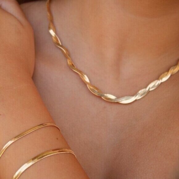 Gold Herringbone Twist Necklace Waterproof Necklace Gorgeous Layering Necklace - Picture 2 of 16